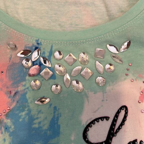 Onque casuals sz small 3/4 sleeve floral print Eiffel Tower embellished top EUC - Picture 6 of 13